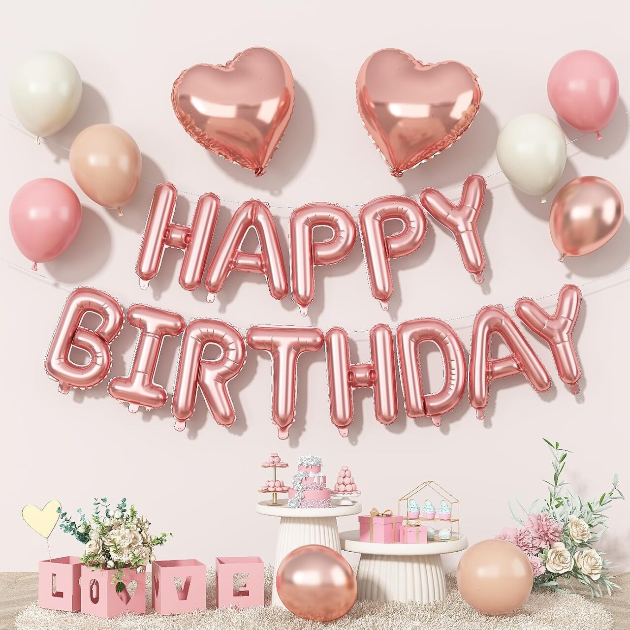Happy Birthday Balloon Banner – Rose Gold 16” Mylar Letters & Heart Foil Balloons, Boho Neutral Party Decorations for Girls, Women & Kids